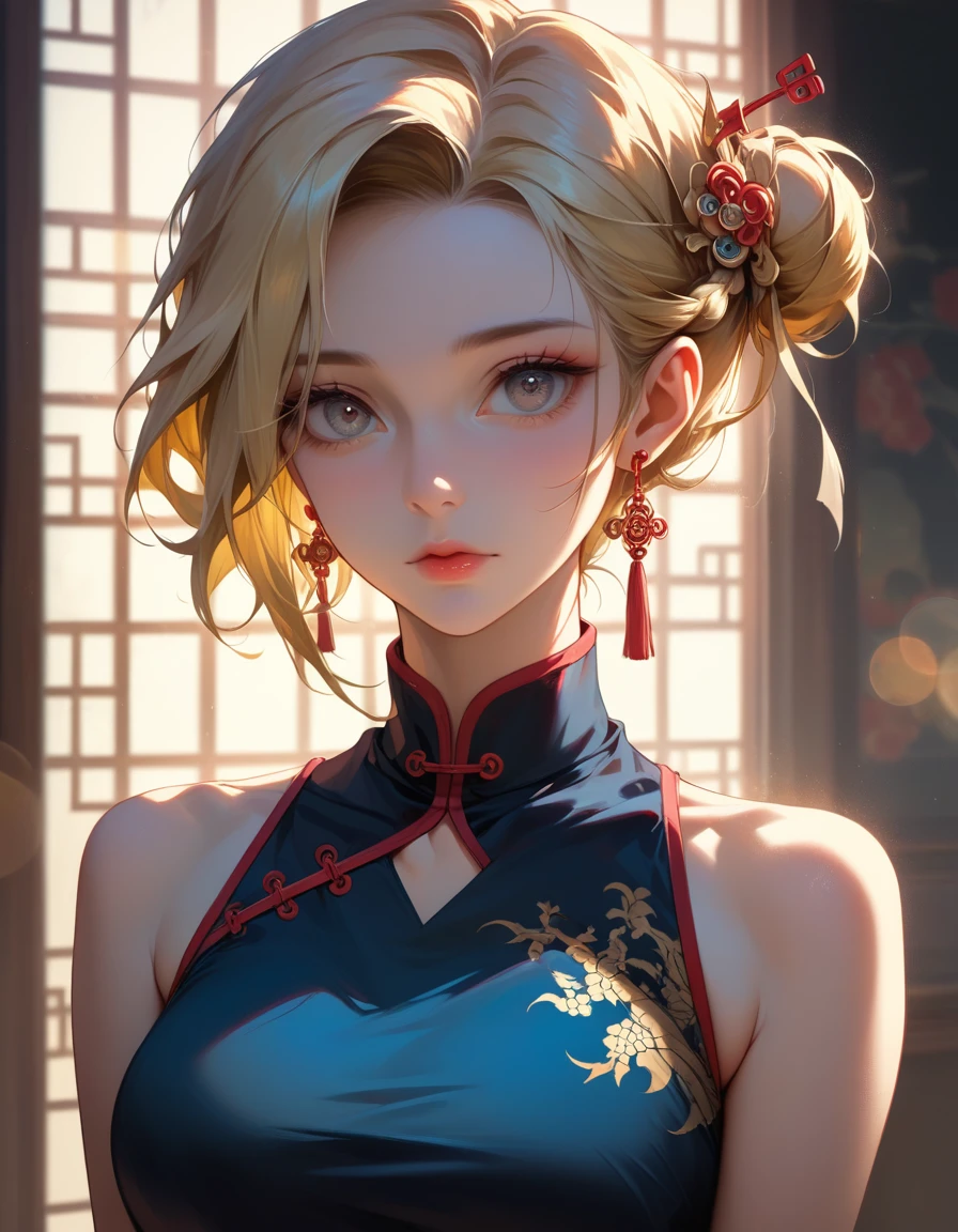 best quality, masterpiece, highres, 1girl,china dress,hair ornament,necklace, jewelry,Beautiful face,upon_body, tyndall effect,photorealistic, dark studio, rim lighting, two tone lighting,(high detailed skin:1.2), 8k uhd, dslr, soft lighting, high quality, volumetric lighting, candid, Photograph, high resolution, 4k, 8k, Bokeh, blonde hair,  