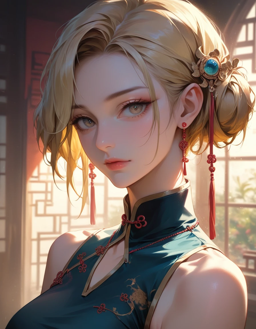 best quality, masterpiece, highres, 1girl,china dress,hair ornament,necklace, jewelry,Beautiful face,upon_body, tyndall effect,photorealistic, dark studio, rim lighting, two tone lighting,(high detailed skin:1.2), 8k uhd, dslr, soft lighting, high quality, volumetric lighting, candid, Photograph, high resolution, 4k, 8k, Bokeh, blonde hair,