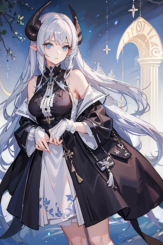 highest quality, masterpiece, high resolution, 1 person, female, silver hair, long hair, blue eyes, bored face. distinct eyes, side, big eyes, Eyelashes, eyeliner, white Uniform, black hairpin, Sheep Horn, huge breasts, priest, 기도