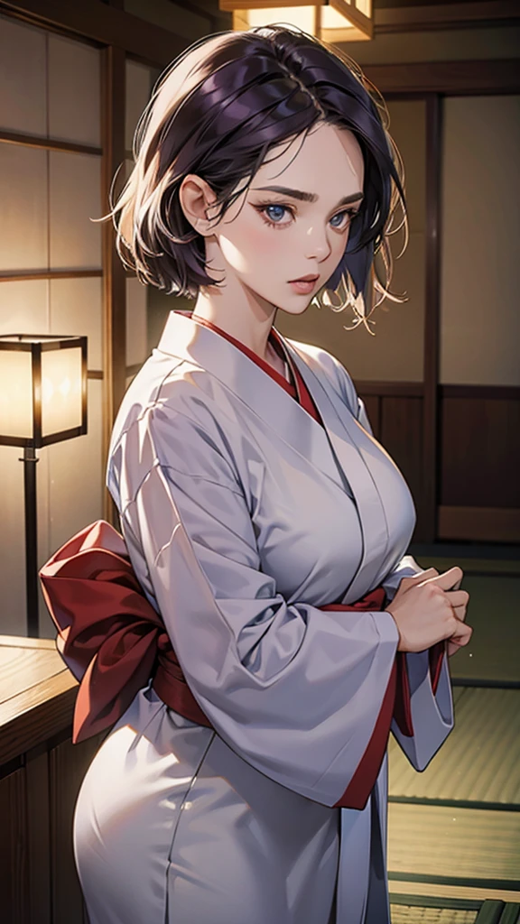 (absurdres, highres, ultra detailed),masterpiece,best quality,high resolution,8k,Realistic face,Realistic skin texture,magnified textures, stunning clarity,(ultra detailed eyes and face),(1 woman:1.5),45 years old,dark purple hair,side parted,short hair,(wrinkles skin:1.1),(disgusted:1.2),monolid eyes,bulging nose,Manager of Onsen Ryokan,grey kimono,plump body type,Lobby of Japanese Ryokan,Inside the reception counter,look at viewer