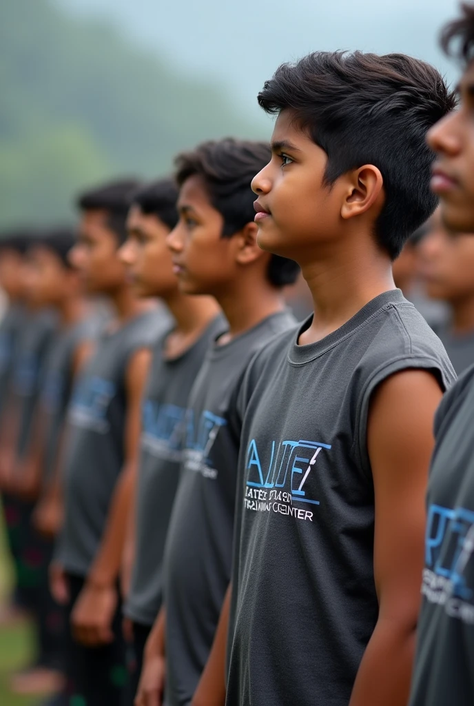 advertisement for nepali youth from pokhara training for british soldiers selection where candidates are training in line wearing sleveless tshirts clearly written salute gorkha training center