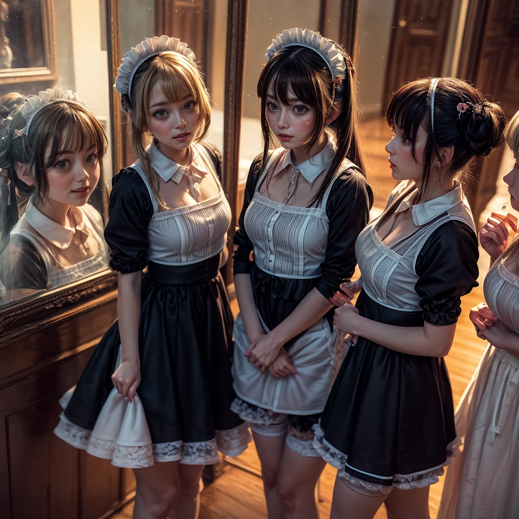 (Extremely Detailed((Kawaii Maid Group in a row:1.37))), Childish perfect face, Reflective Eyes, Detailed(Delicate Clothing textures), Dynamic Joyful Expressions LifeLike Rendering, (Specular Reflection:1.2), TopQuality 8K Ultra-detailed masterpiece (ProfessionalPhoto:1.37), (Acutance:0.8), (Luminism:1.28), (Renaissance art style), (Colorful Light particles:0.75), (Muscle:-0.5), ((Full body from side)), {(SkirtLift)|glossy floor|Kissing}, Radiant Fine Skin with Transparency, (Exposed:0.5), (Different Types of Anime Like Vivid Hair Color:1.35),