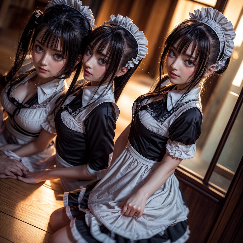 (Extremely Detailed((Kawaii Maid Group in a row:1.37))), ish perfect face, Reflective Eyes, Detailed(Delicate Clothing textures), Dynamic Joyful Expressions LifeLike Rendering, (Specular Reflection:1.2), TopQuality 8K Ultra-detailed masterpiece (ProfessionalPhoto:1.37), (Acutance:0.8), (Luminism:1.28), (Renaissance art style), (Colorful Light particles:0.75), (Muscle:-0.5), ((Full body from side)), {(SkirtLift)|glossy floor|Kissing}, Radiant Fine Skin with Transparency, (Exposed:0.5), (Different Types of Anime Like Vivid Hair Color:1.35),