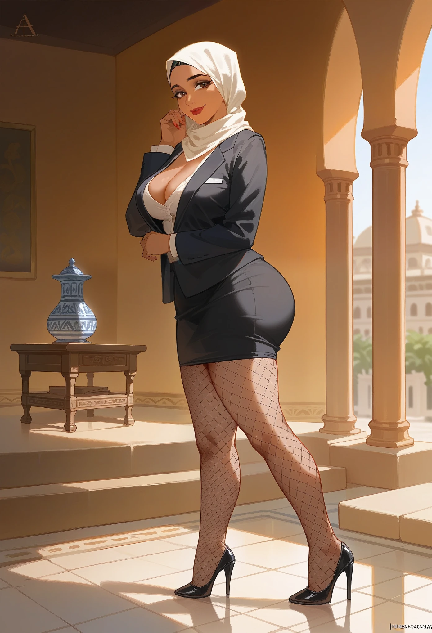 A busty hijabi girl, of Arabic ethnicity, brown skin, Muslim, mature woman, secretary, wearing a black jacket, red open shirt, black mini skirt, fishnet stocking, black high heel, silk headscarf, natural breasts, nice rounded ass, cleavage, sexy, thick hips, beautiful feet, smiling at the viewer, posing , inside a islamic mosque, meccah, Saudi Arabia, Arabic background 