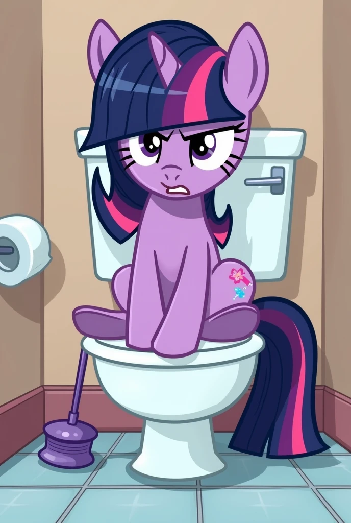 Create and image of twilight sparkle sitting on the toilet and gets very constipated