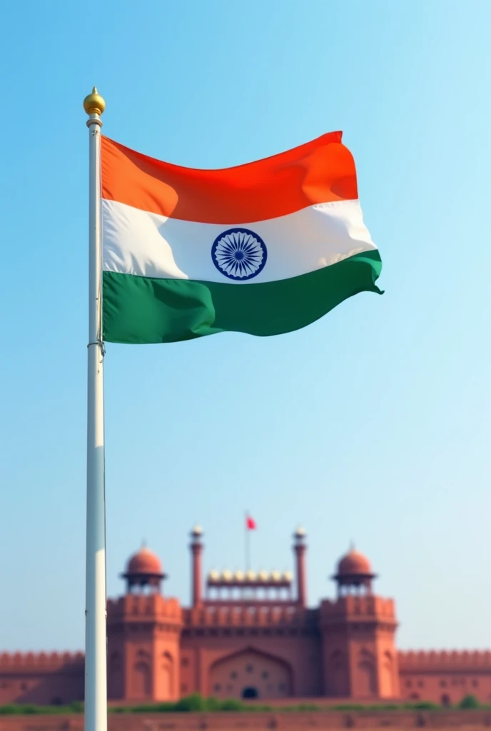 Hoisted India Flag, light blue sky and red fort as backdrop