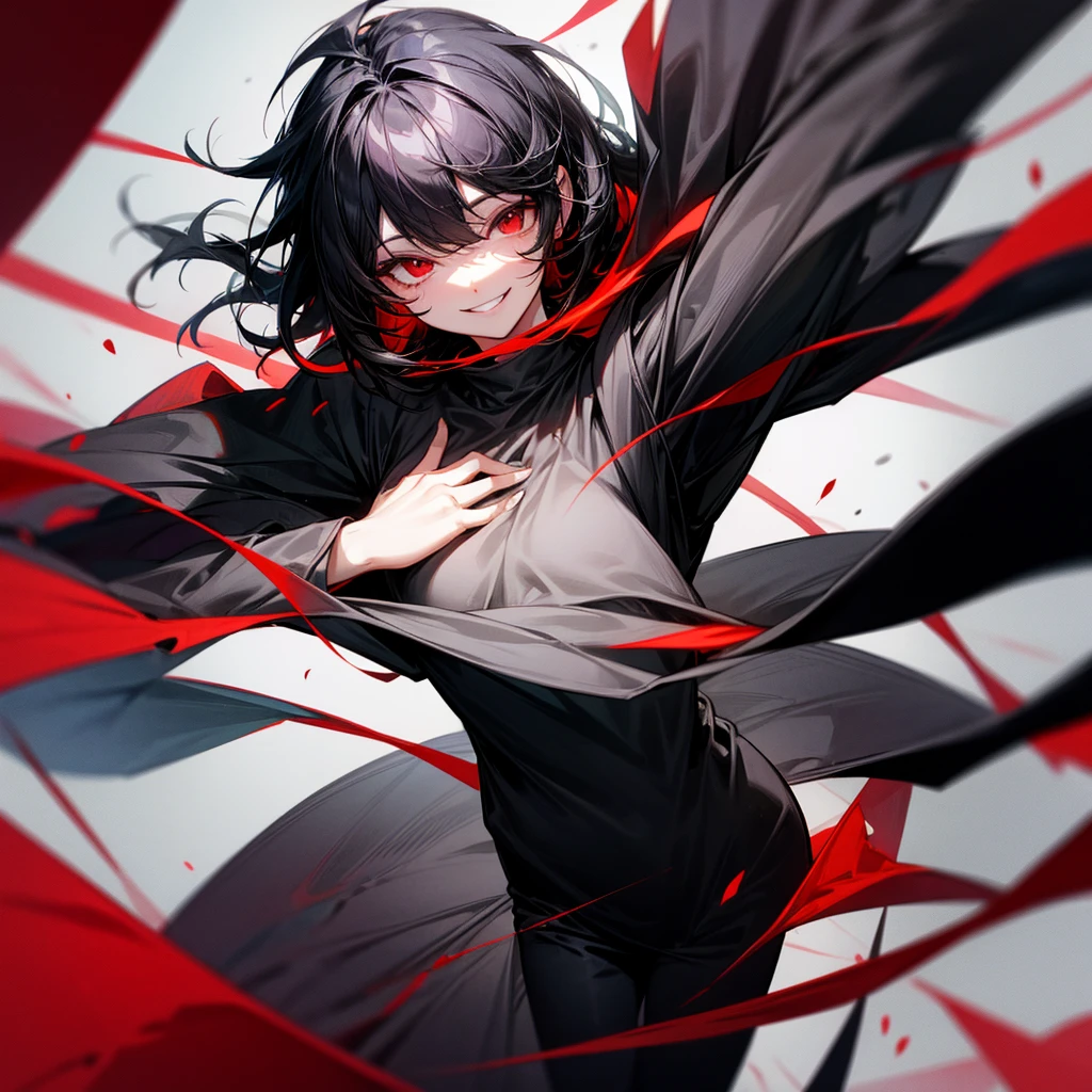 Black hair black clothes red eyes smiling 
