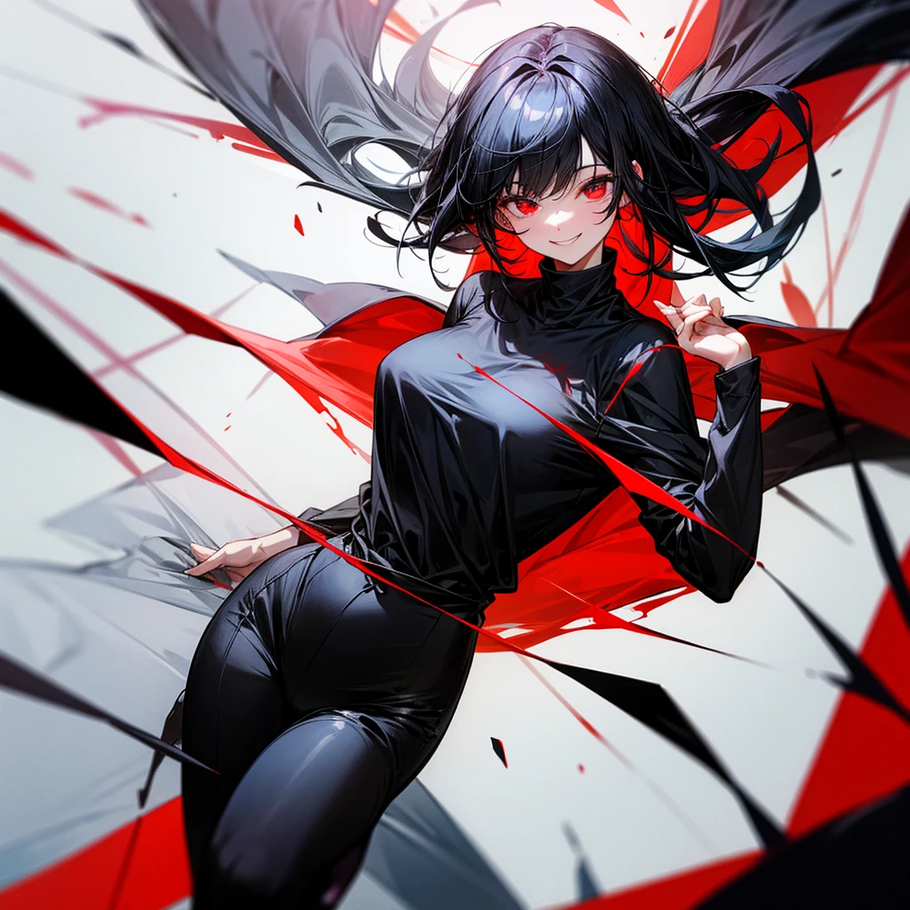 Black hair black clothes red eyes smiling 
