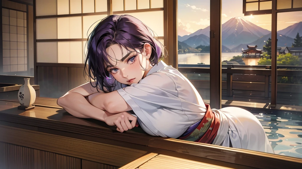 (absurdres, highres, ultra detailed),masterpiece,best quality,high resolution,8k,Realistic face,Realistic skin texture,magnified textures, stunning clarity,(ultra detailed eyes and face),(1 woman:1.5),45 years old,dark purple hair,side parted,short hair,(wrinkles skin:1.1),(disgusted:1.2),monolid eyes,bulging nose,Manager of Onsen Ryokan,grey kimono,plump body type,Lobby of Japanese Ryokan,Inside the reception counter,look at viewer