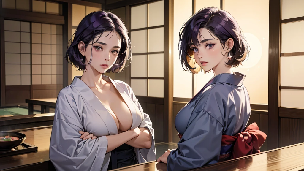 (absurdres, highres, ultra detailed),masterpiece,best quality,high resolution,8k,Realistic face,Realistic skin texture,magnified textures, stunning clarity,(ultra detailed eyes and face),(1 woman:1.5),45 years old,dark purple hair,side parted,short hair,(wrinkles skin:1.1),(disgusted:1.2),monolid eyes,bulging nose,Manager of Onsen Ryokan,grey kimono,plump body type,Lobby of Japanese Ryokan,Inside the reception counter,look at viewer