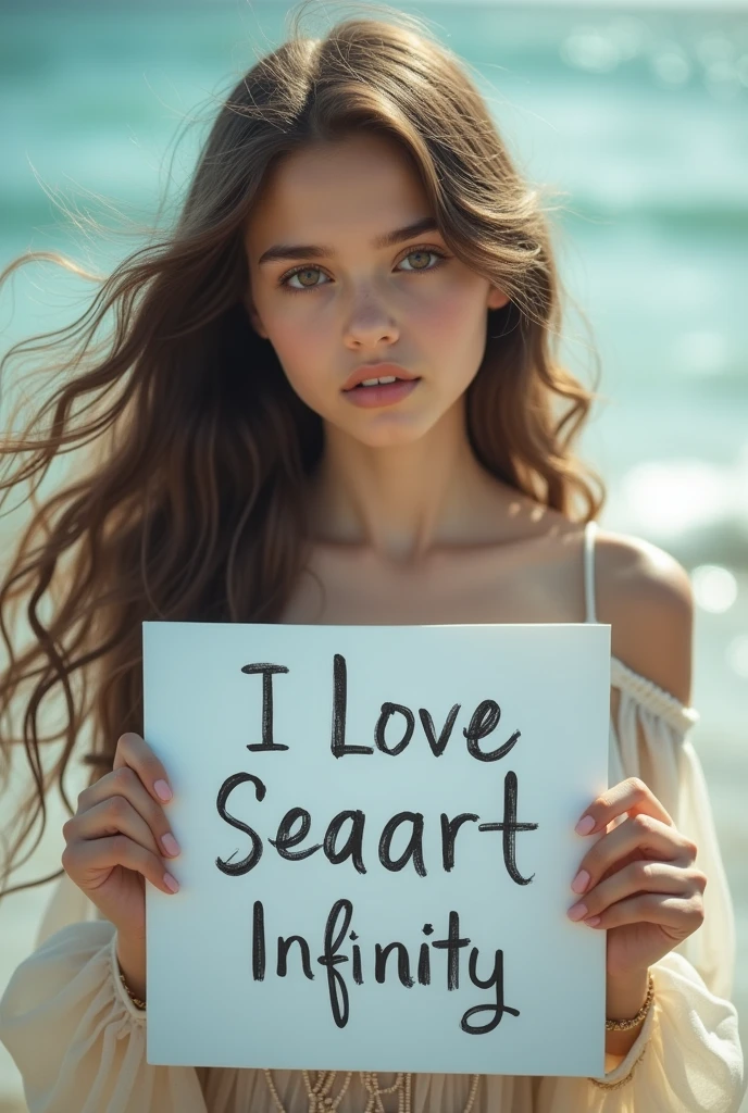 Beautiful girl with wavy long hair, bohemian dress, holding a white board with text "I Love Seaart Infinity" and showing it to the viewer