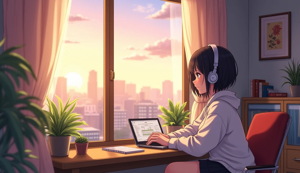 Looking out the window in a cozy room、city view outside the window、Anime Style, bright personality、Big Breasts、Shortcuts、Sweatshirt、Lofi music、Daytime、smile、Headphones、high school girl、Large private room、relax、Working