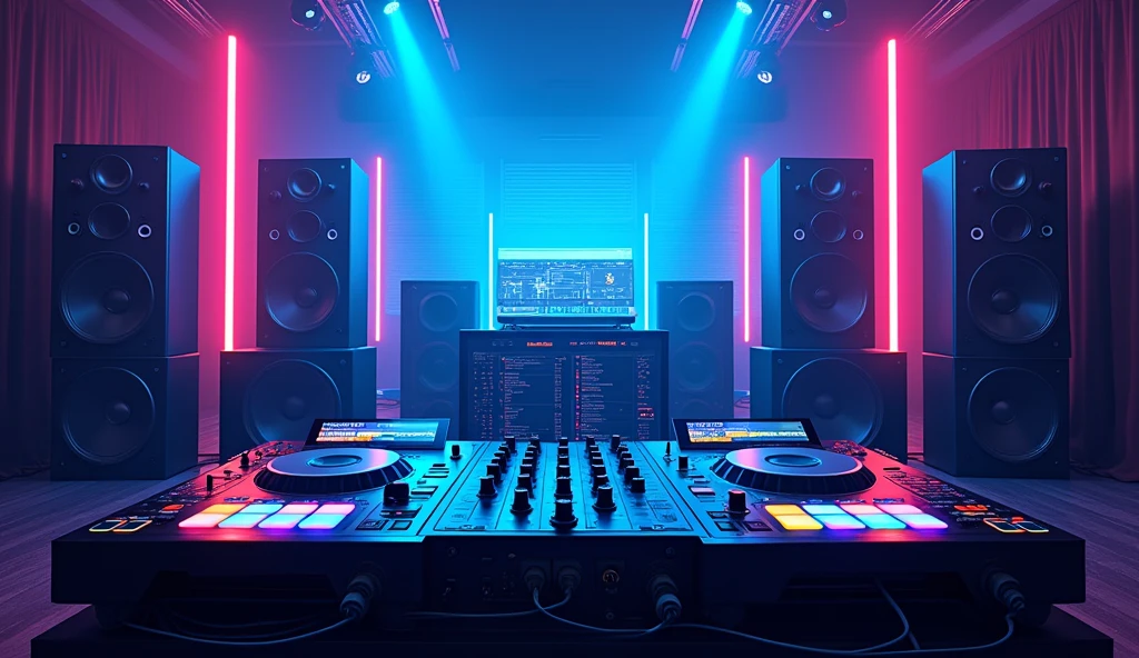 poster with large speakers and musical equipment in the background, neon blue color scheme, big text "DJ CAHAYA MUSIC" in the top left corner, large sound waves coming from speakers, black white yellow green orange purple pink red palette, in the style of photorealistic, in the style of hyper realistic. 30locent disco", background of huge speakers, keyboard and audio equipment in the foreground, neon lights, vector graphics, bright colors, neon blue light effect, musical theme, logo for DJ club "Girlz tasting techno". Vector illustration. A poster with a big sound system, dj music festival flyer or party flyer template design, in the style of ultra realistic photography