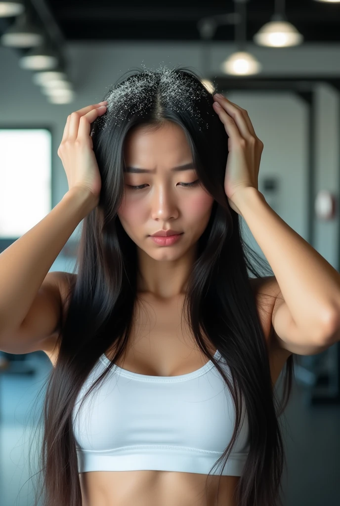 Create an Asian long-haired beauty，Wearing white sportswear，Scratching the scalp with both hands，There is a lot of dandruff on the top of the head，White fine dandruff on the top of the head，The expression is unhappy，The characters are realistic and realistic，Gym background，9:16 frames，Ultra-high-definition picture quality