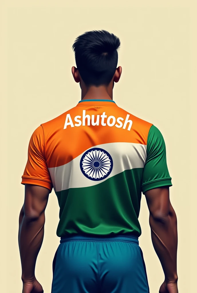 Create an image with Indian flag jercy with name Ashutosh from back side
