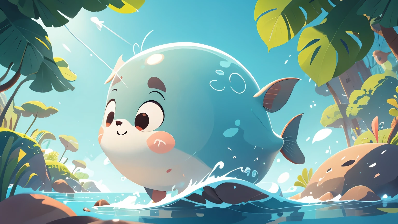 A vaquita (vaquita) swimming gracefully in the ocean, with a serene and calm underwater environment. Text overlay: 'V untuk vaquita'. The vaquita is shown in a peaceful and gentle manner, surrounded by clear blue water. inspired by Goro Fujita, promotional art, illustration for children, by Choi Buk, by Murakami, 2d digital illustration