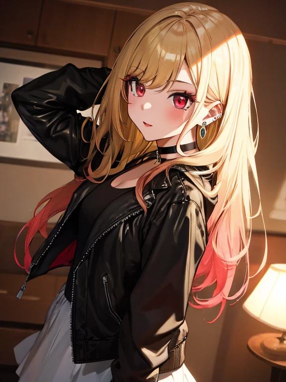 Black Leather Jacket, kitagawa marin, ハーレーに乗る, One girl, Blonde Hair, Long Hair, Multicolored Hair, Red eyes, jewelry, Earrings, Earrings, Black choker, uhd, retina, masterpiece, ccurate, anatomically correct, textured skin, super detail, high details, high quality, best quality, highres, 4K