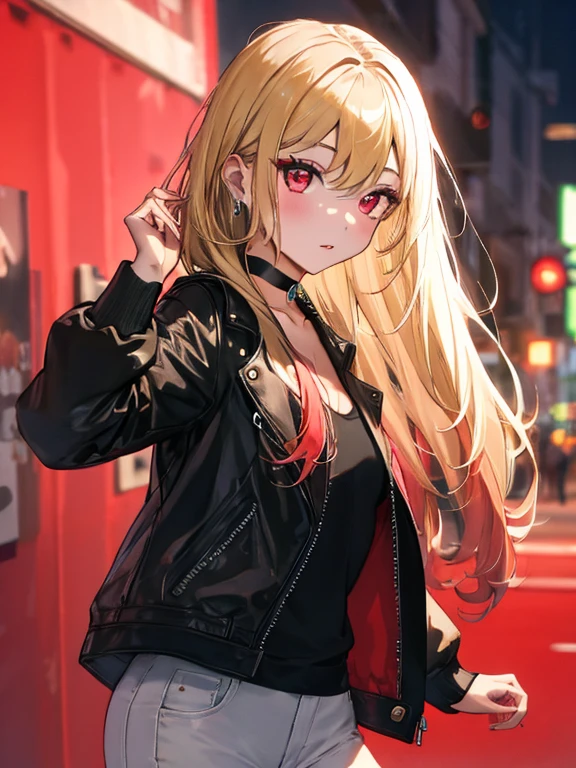 Black Leather Jacket, kitagawa marin, ハーレーに乗る, One girl, Blonde Hair, Long Hair, Multicolored Hair, Red eyes, jewelry, Earrings, Earrings, Black choker, uhd, retina, masterpiece, ccurate, anatomically correct, textured skin, super detail, high details, high quality, best quality, highres, 4K
