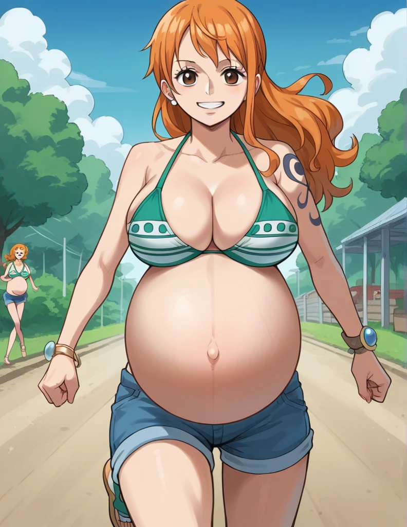 score_9, score_8_up, score_7_up, source_anime, best quality, clear face, 1girl, nami, NAAmi, orange hair, blue eyes, large breasts, white bikini, shorts, cleavage, smile, looking at viewer, sky, standing, pregnant belly, huge belly, belly, running