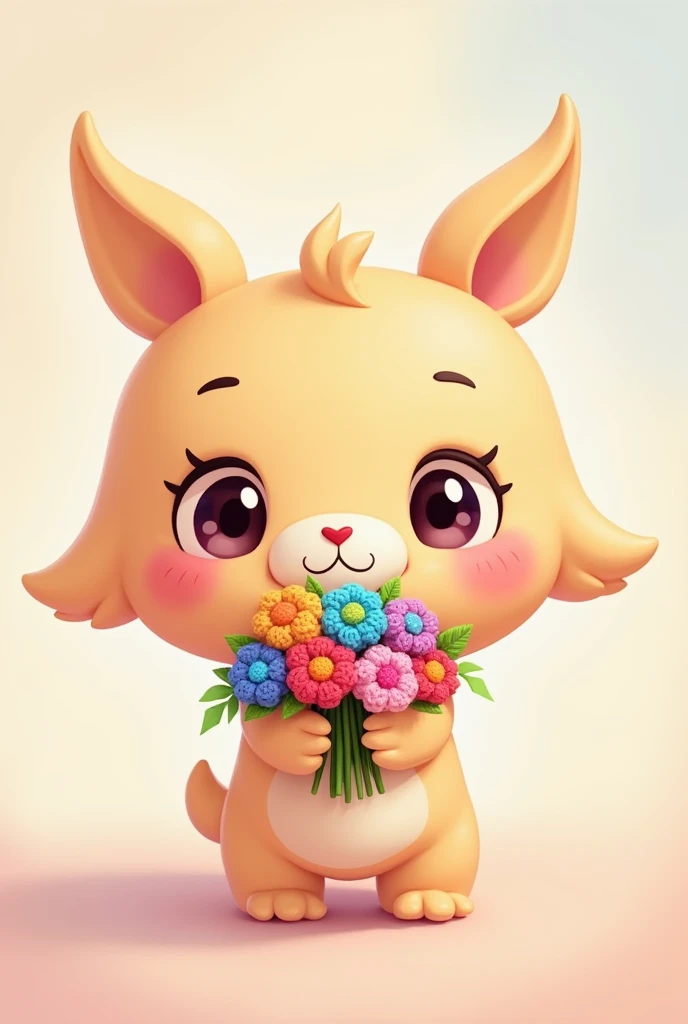 create image of chibi kawaii holding a crochet bouquet flowers
