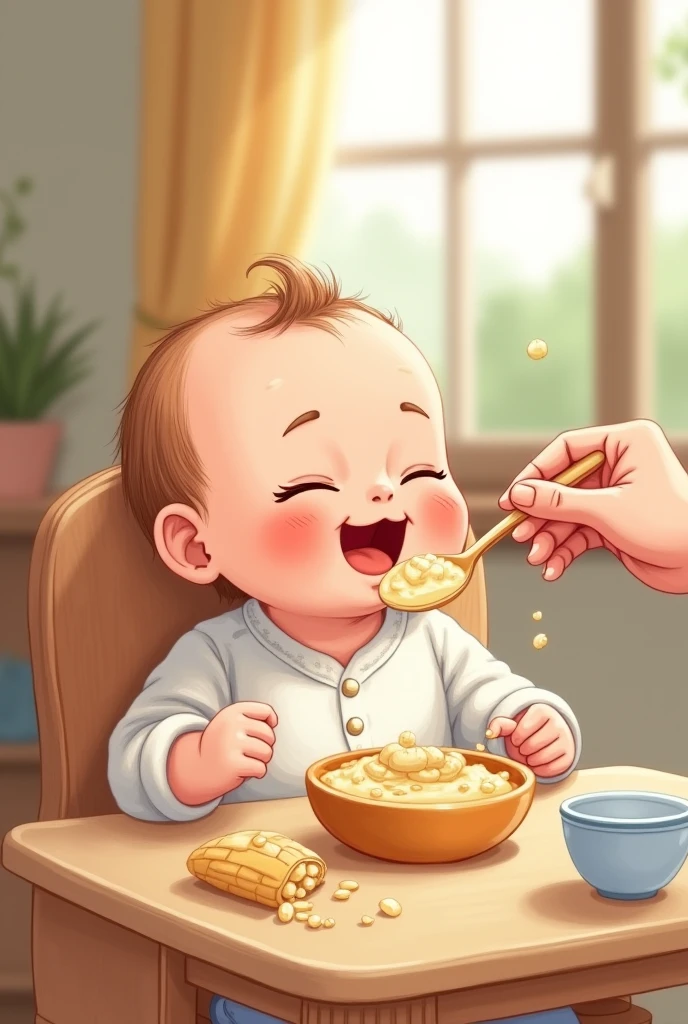 Illustration of a baby eating baby food Warm atmosphere Peaceful atmosphere Being fed porridge or vegetable paste with a spoon
