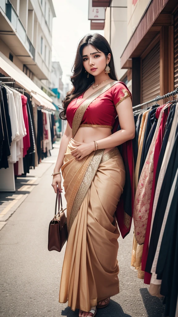 A woman neck round blouse and saree,big cheeks,A woman standing on the clothes shop,