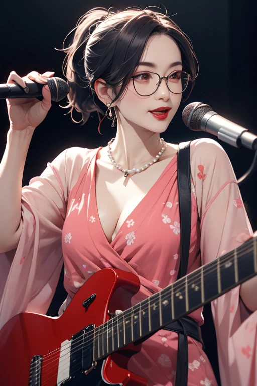 4 beautiful mature Japanese women aged 55, rock band, 4 piece band, Long eyelashes, Wearing glasses, Low Ponytail, Red lipstick, Pearl Necklace, Earrings, Dark eyeshadow, Cleavage, Flashy clothing, guitar, base, drums and vocals,