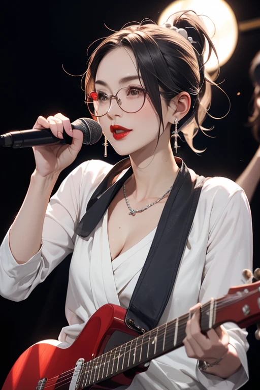 4 beautiful mature Japanese women aged 55, rock band, 4 piece band, Long eyelashes, Wearing glasses, Low Ponytail, Red lipstick, Pearl Necklace, Earrings, Dark eyeshadow, Cleavage, Flashy clothing, guitar, base, drums and vocals, 