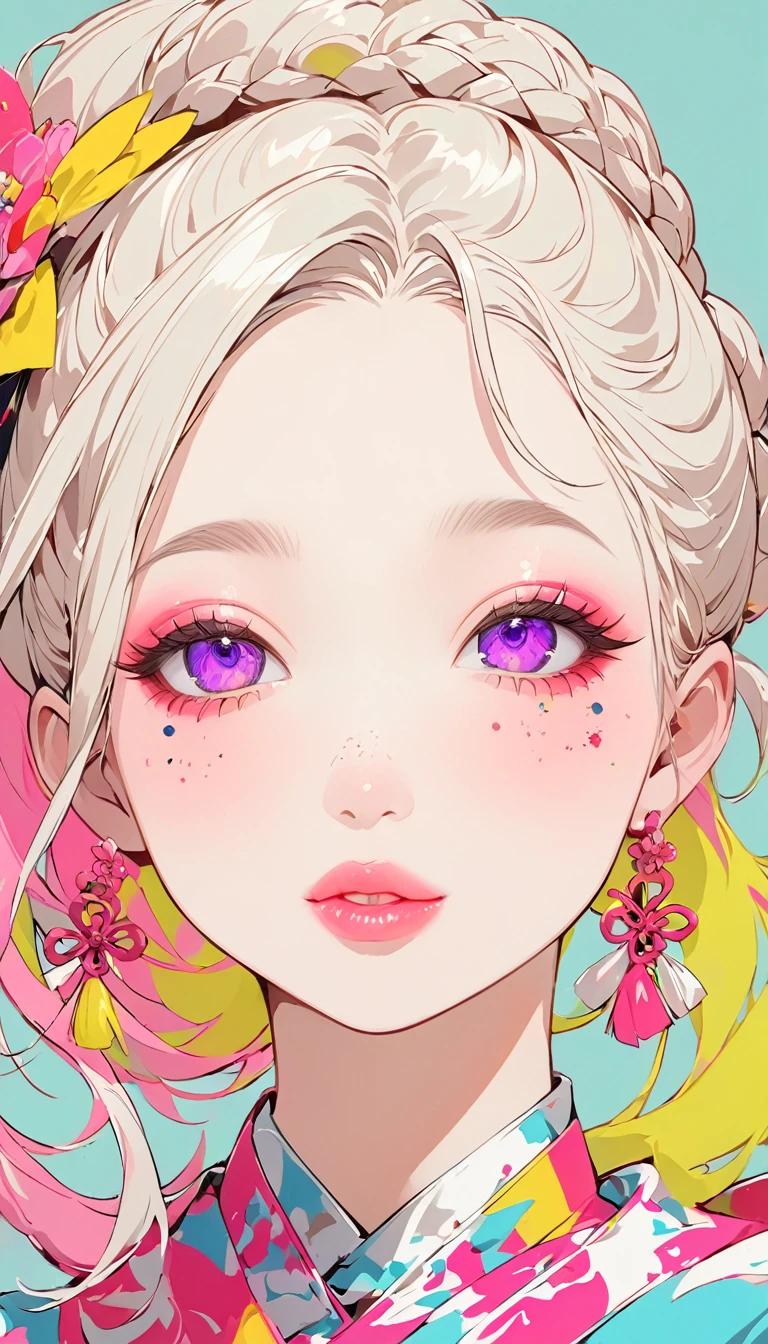 (Highest quality:1.4, City Pop Style, Very detailed, up to date, Vibrant, High Contrast, ), Gal, One girl, alone, ((Face Up Shot:1.4)), Neon Color Hair, Braid, Droopy eyes, Bun hairstyle, pastel colour, China dress, flower, Portraiture, asymmetrical bangs, Purple eyes, Cute Face. Lips in Love, Stylish design, Pure light blue background.