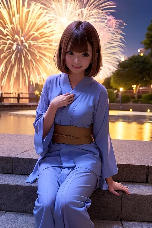 (Fireworks display)、(Cute Yukata、Beautiful yukata、Sexy Yukata、Yukata Cosplay)、Girl sitting on stone steps、21 years old、smile、Long and raw々new legs、(The chest is wide open、Short Bob Hair、Mid-chest、masterpiece:1.3、RAW Photo Quality、Highest quality、Detailed Images、Detailed Background、
