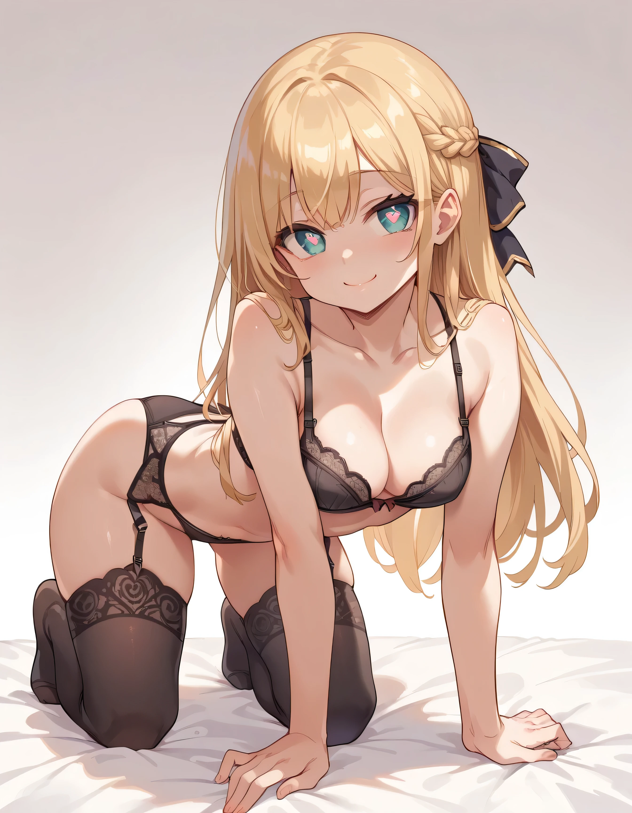 (masterpiece), best quality, expressive eyes, perfect face, underwear, 1girl, gradient background, medium breast, black underwear, bra, lingerie, heart, smile, closed mouth, legwear, thighhighs, hearts, heart shaped pupils, adult, hearts, garter straps, on all fours