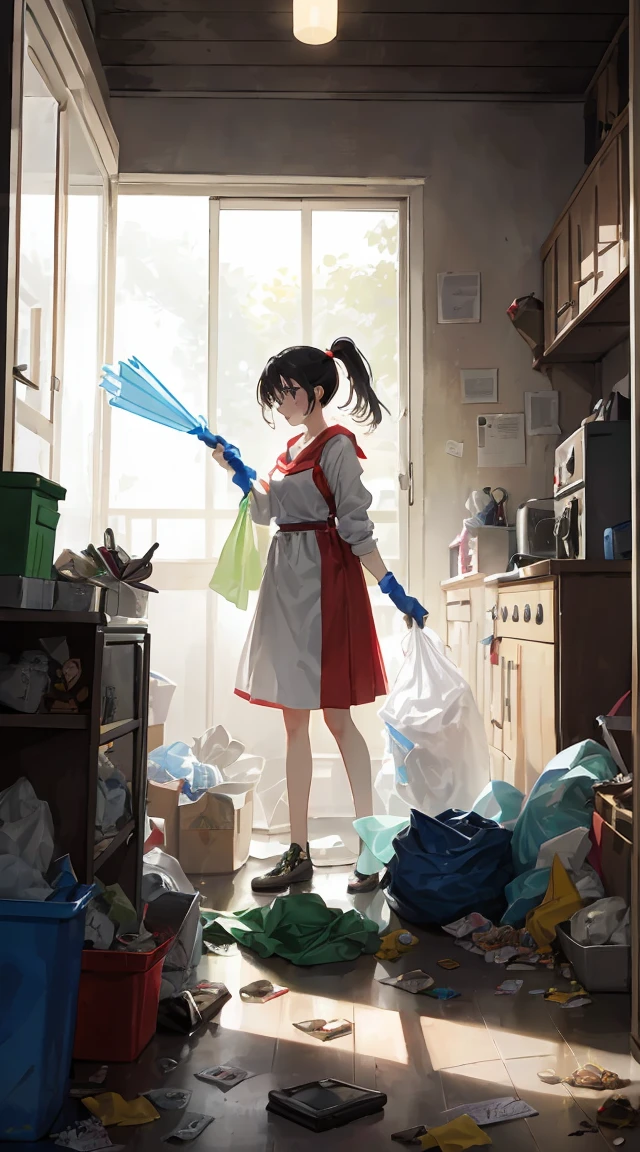 This illustration is、Cute standing in a room full of garbage、It depicts a moment of rage over a situation。She、Holding the cleaning tool in your hand、Its eyes are burning with anger。Among them、Old magazines、leftover food、Filled with unused appliances。 however、The most notable is、She gives off「High Energy Body in Final Mystery」Is。This energy body is、Released from her body、Has the power to erase garbage in a room in an instant。ha、emit a pale ligh light is in the corner of the room々Delivered to。 This moment、Garbage burns out、The room becomes clean in an instant。 Eta、At its heart is、Anger subsides、mature woman with satisfied expression standing。
