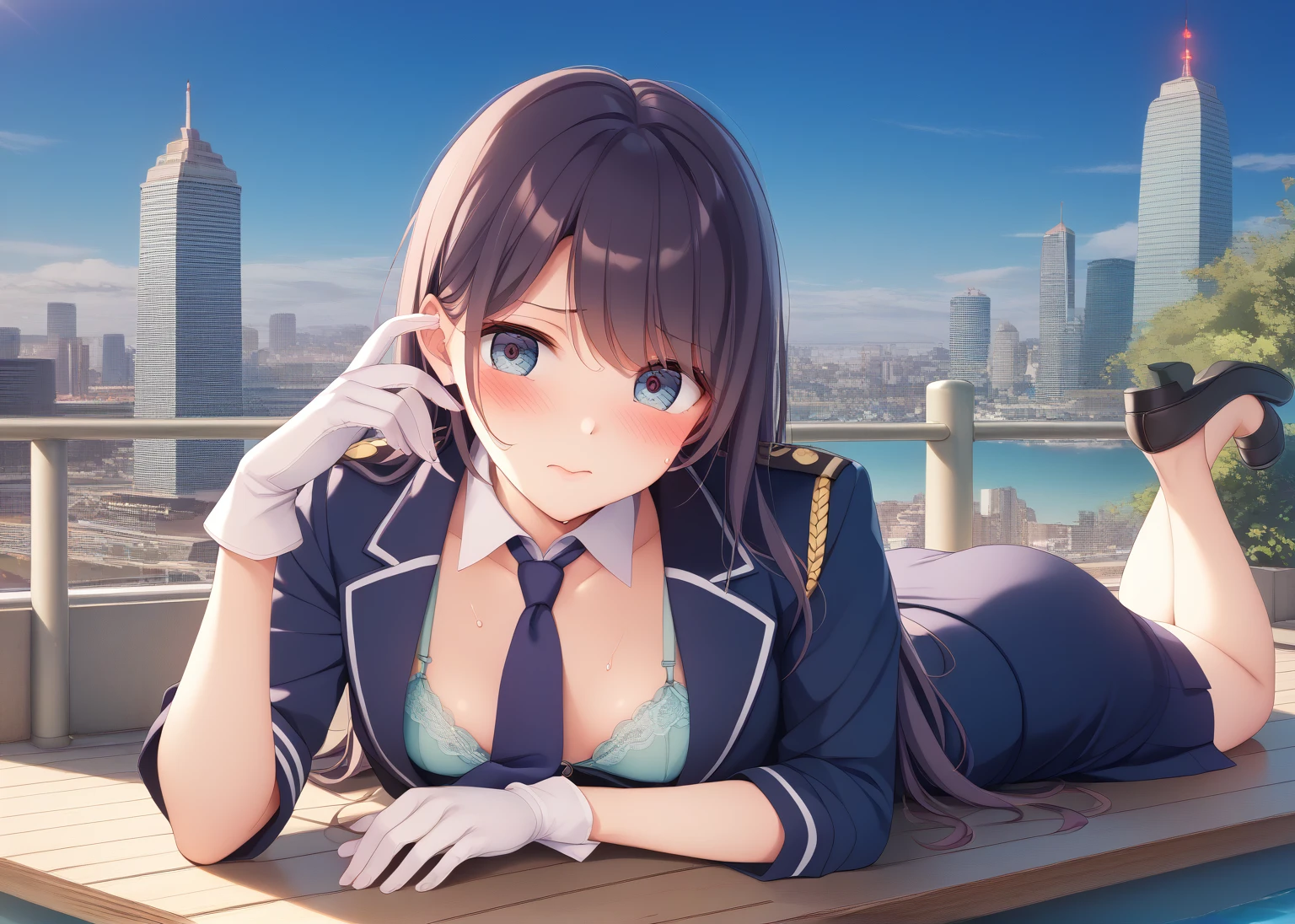 Highest quality、masterpiece、8k、Realistic、超High resolution、Very delicate and beautiful、High resolution、Cinema Lighting、medium range shooting、Perfect female body、Beautiful woman、Mature Woman、Beautiful Eyes、Cityscape、(Long Hair:1.8、Black Hair)、((female officer:1.4、紺色のfemale officer、female officerの制帽、Uniform Buttons、Navy blue tie、Jacket、White gloves))、Pencil Skirt、Stiletto heel pumps、badge、Epaulettes、((Are thin、Small breasts))、((Unbutton and flip up your shirt:1.4、Showing off your bra)),　blush、Embarrassing、Sweat、Sigh、((Prone:1.5))、Park during the day、Lifting her skirt to show her panties、