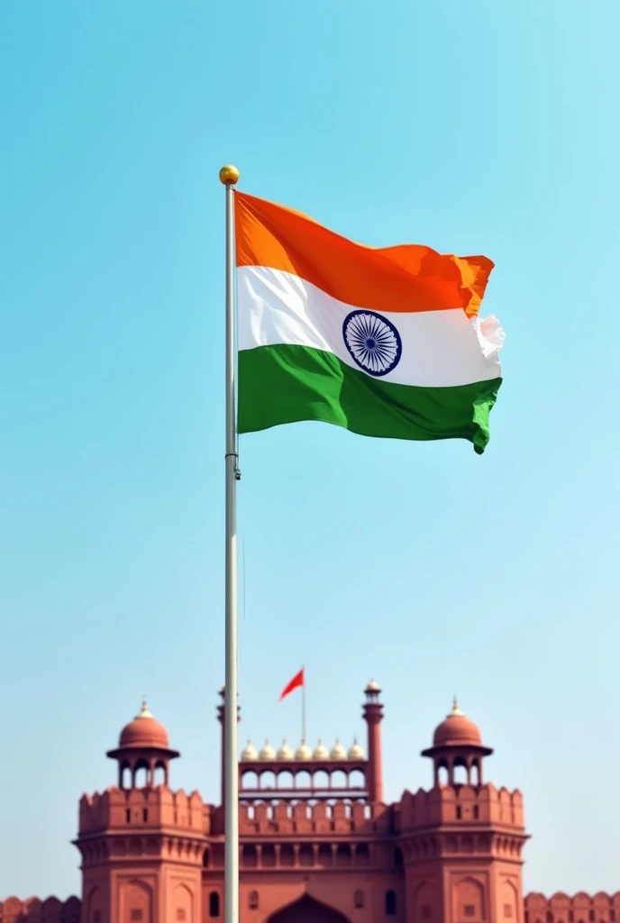 Hoisted India Flag not waving, light blue sky and red fort as backdrop