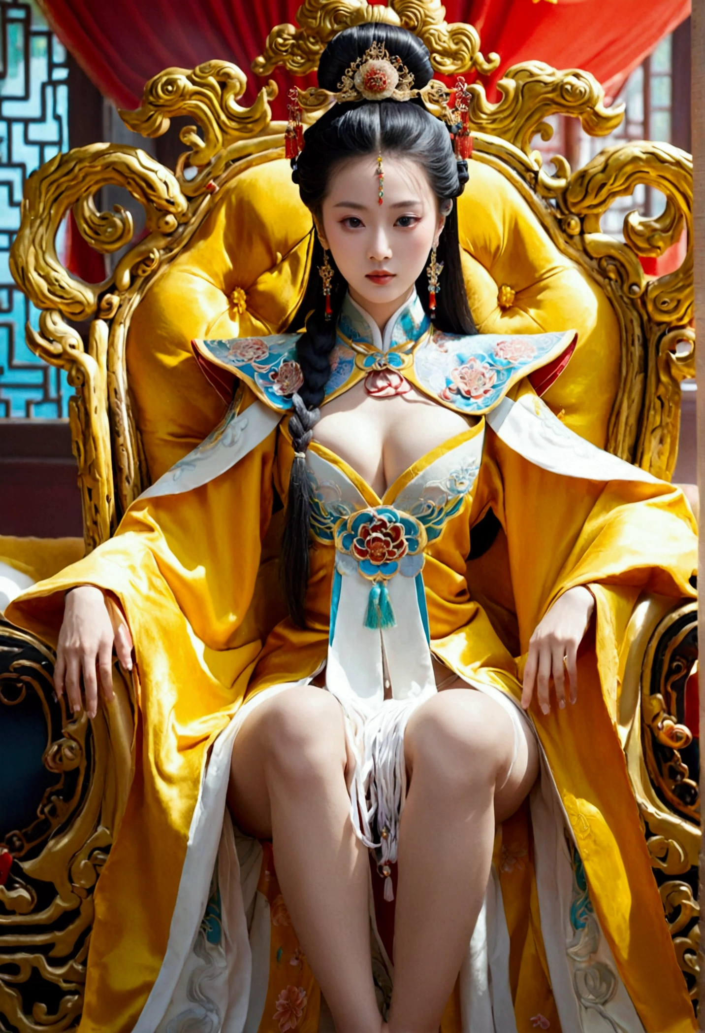 A gorgeous empress from the Chinese imperial court during the Qing Dynasty, fully naked on a large golden sofa, spreading one's legs open wide with knees bent,creating the shape of the letter M(Porn Pose) A gorgeous Chinese imperial empress with her hair tied on both sides and wearing a crown、Background of kinky and erotic woman tying her hair、The story is set in the luxurious rooms of an empress in the Chinese imperial court during the Qing dynasty.。