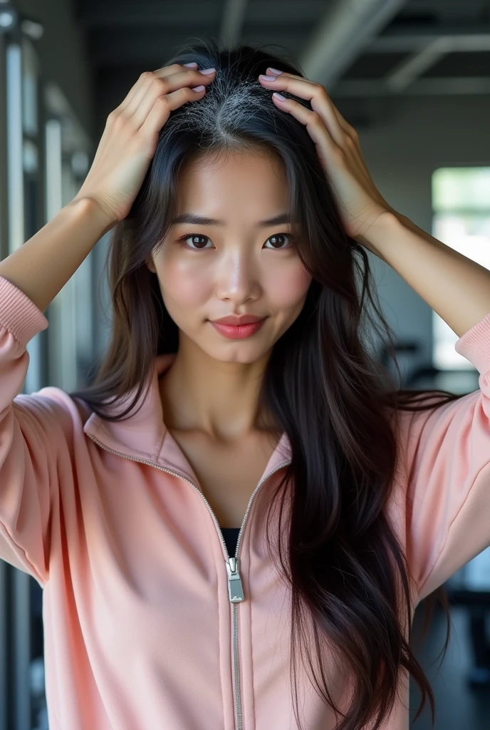 Create an Asian long-haired beauty，Wearing pink tracksuits，Scratching the scalp with both hands，There is a lot of dandruff on the top of the head，White fine dandruff on the top of the head，The expression is unhappy，The characters are realistic and realistic，Gym background，9:16 frames，Ultra-high-definition picture quality