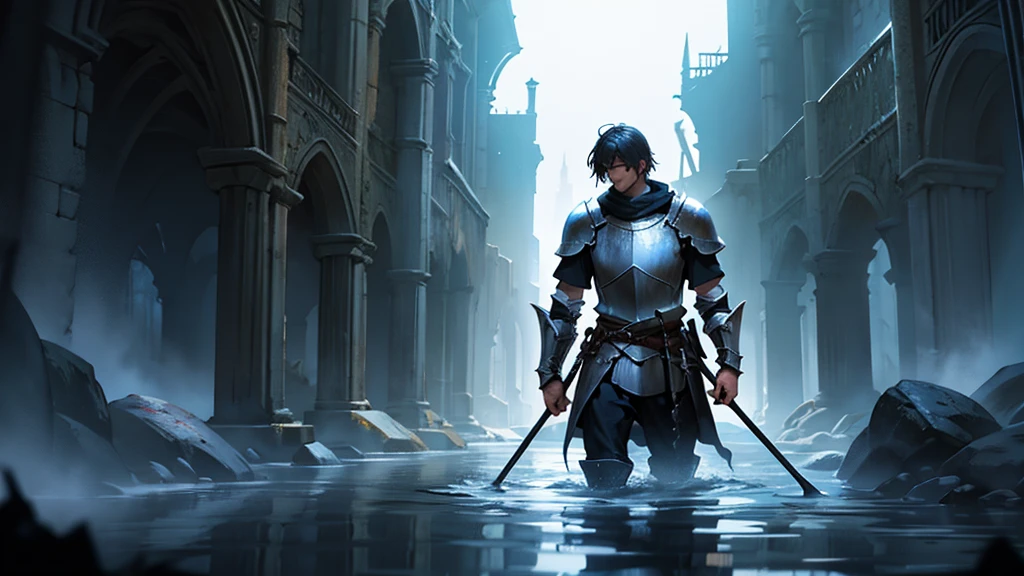 Solo Knight Wading through a dark dungeon. Epic Quality. Hi-rez image.