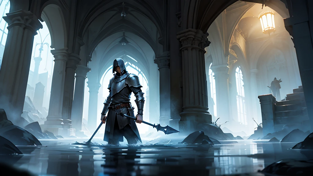 Solo Knight Wading through a dark dungeon. Epic Quality. Hi-rez image.