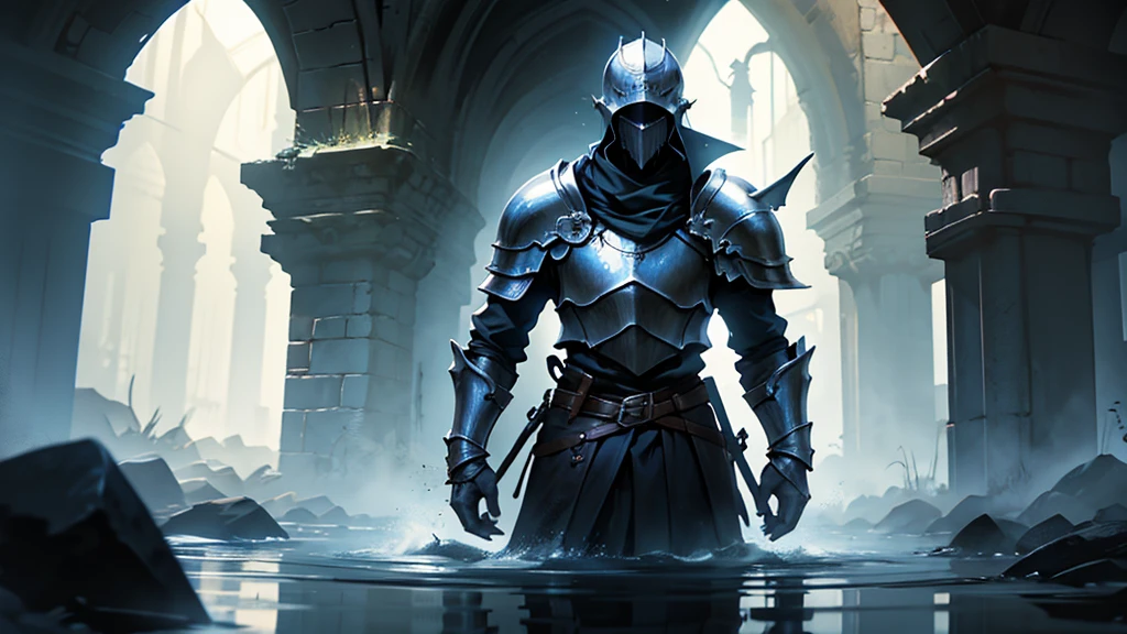 Solo Knight Wading through a dark dungeon. Epic Quality. Hi-rez image.