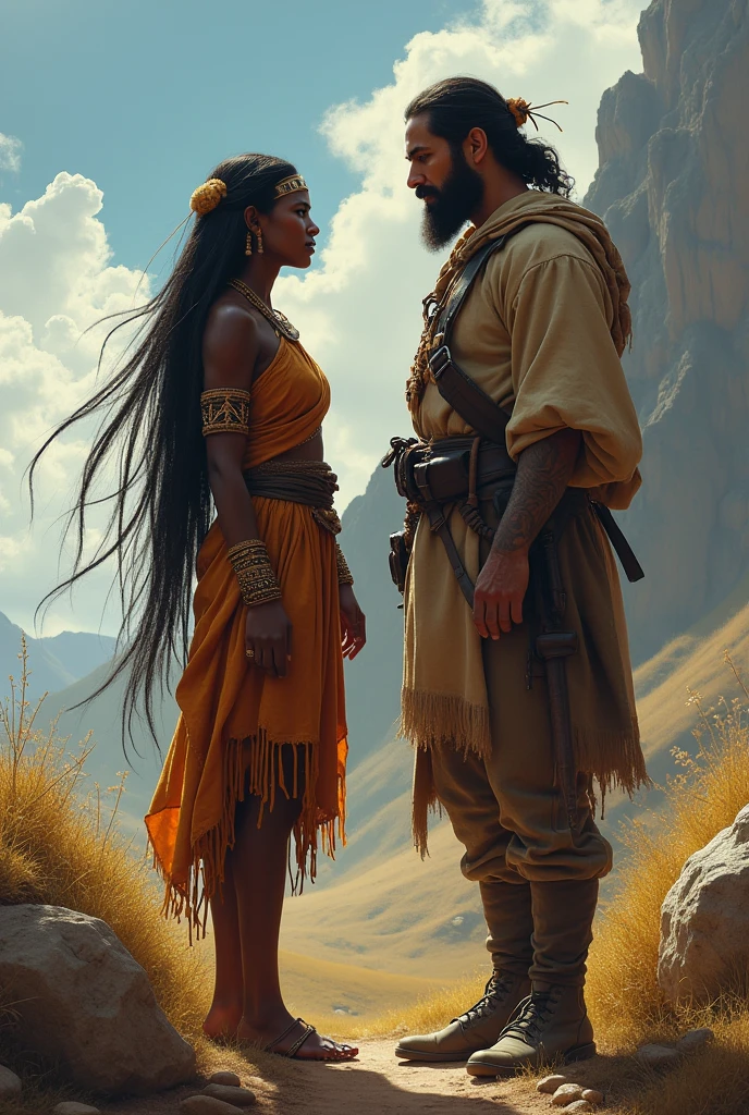Create an epic story poster of a black girl with long hair and in native clothing with a white Caucasian man with a worn out soldier uniform