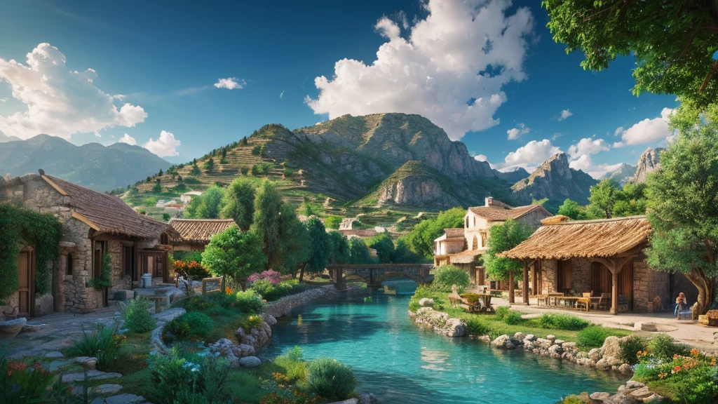 Ancient Greek Village, mystical nature, Rivers, Mountains and forests, waterfall, cloud, Photorealistic photos, It&#39;s not 8k. Aerial view.