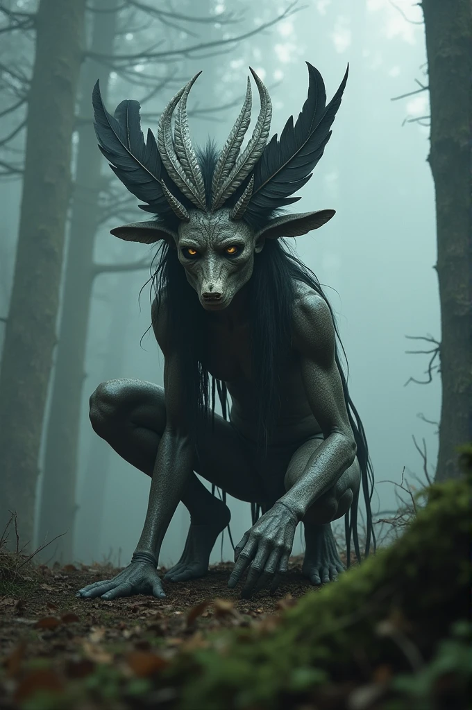 Generate a highly detailed and atmospheric scene of a mystical forest creature crouching crouching in a misty woodland setting. The creature has an otherworldly appearance, with intricate body paint resembling cracked earth, and wears elaborate feathered adornments, including a headdress made of dark and light feathers. The creature's face is partially masked, with sharp, angular features and intense, almost haunting eyes. The environment around is dense with fog, with tall trees and a moody, ambiance, emphasizing the creature's connection
ethereal
to the mystical forest.