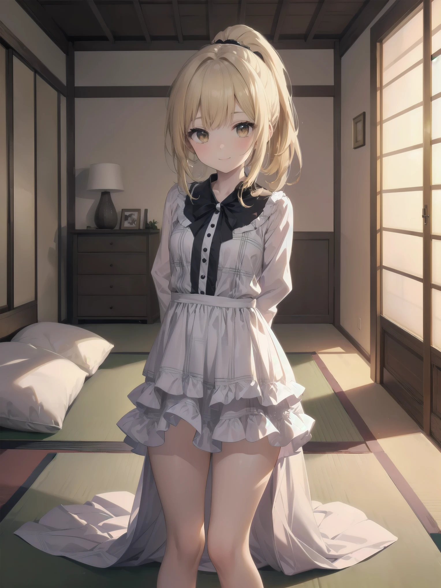 (Masterpiece: 1.3), (Best Quality: 1.2), close-up of one beautiful girl, super hyper-detailed illustration,
BREAK
(Body type: slender, small breasts, naturally charismatic)
BREAK
(Face: outstanding looks, mature beauty, golden brown eyes)
BREAK
(Hairstyle: ponytail, long hair with a smooth texture, layered lightly around the face, ends at chest level, blonde hair)
BREAK
(Fashion: plaid printed splicing dress with vintage long sleeves, modest and stylish)
BREAK
(Pose: bending forward, arms behind her back, bright and inviting smile, silky hair)
BREAK
(Background: cozy, natural interior with wooden features and green tones, 7 tatami mat room with a cosmetic table, bed, futon, cushion, chair, and accessories)
