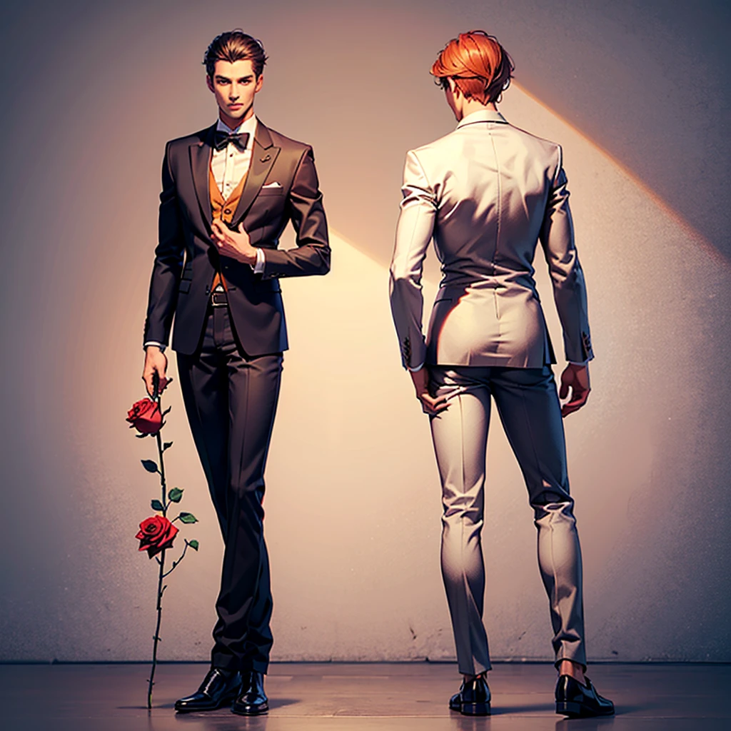 the man stands with his back to his full height, tall man full height, holds one rose behind his back, holds one rose in his hand behind his back, relaxed posture, stylish clothes, Tall, slender man, legs, one hand behind the back holds a rose in his hand, informal clothing