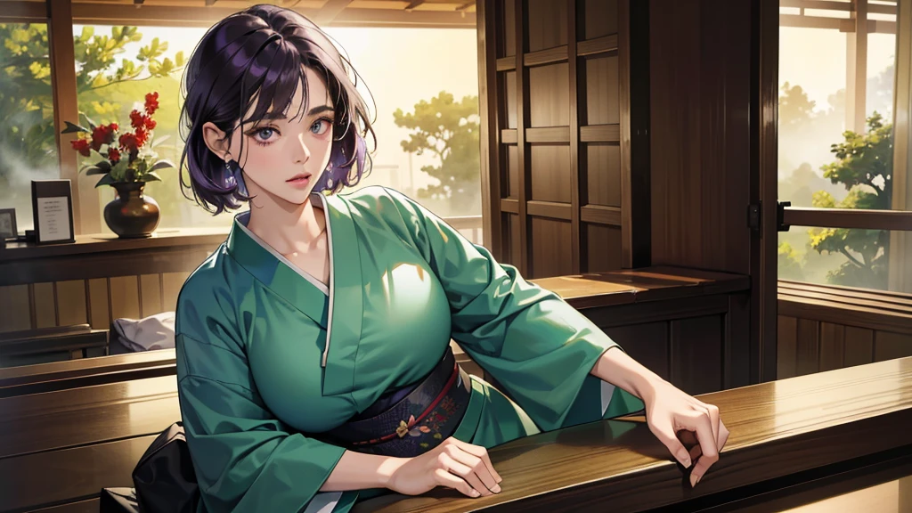 (absurdres, highres, ultra detailed),masterpiece,best quality,high resolution,8k,Realistic face,Realistic skin texture,magnified textures, stunning clarity,(ultra detailed eyes and face),(1 woman:1.5),45 years old,dark purple hair,side parted,short hair,(wrinkles skin:1.1),(disgusted:1.2),monolid eyes,bulging nose,Manager of Onsen Ryokan,dark green kimono,plump body type,Lobby of Japanese Ryokan,(Inside the reception counter),look at viewer