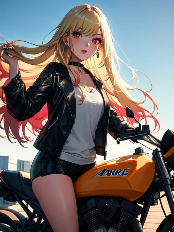 Black Leather Jacket, Kitagawa Marine, Ride a big bike, One girl, Blonde Hair, Long Hair, Multicolored Hair, Red eyes, jewelry, Earrings, Earrings, Black choker, uhd, retina, masterpiece, ccurate, anatomically correct, textured skin, super detail, high details, high quality, best quality, highres, 4K