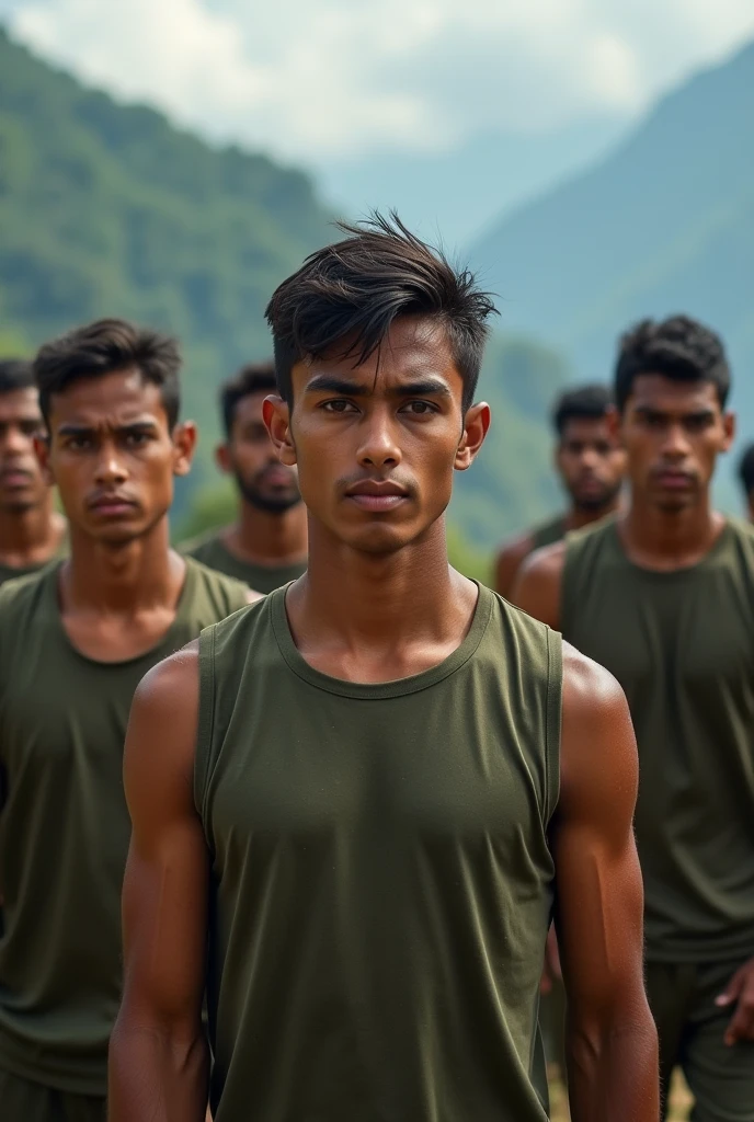 advertisement for nepali youth from pokhara training for british soldiers selection where candidates are training in line wearing sleveless tshirts and shot taken from a drone