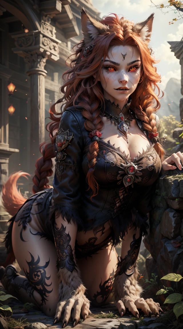[Best quality,shaded,extreme detail,Highly detailed,Ultra detailed,intricate,Realistic],wolf woman,wolf girl,full body portrait,full fur,red fur,full tail,red tailed red hair,straight hair,hair with braid, a brooch in the hair, flower brooch, almond-shaped eyes, red eyes, intimidating smile, sinister look, demonic clothing