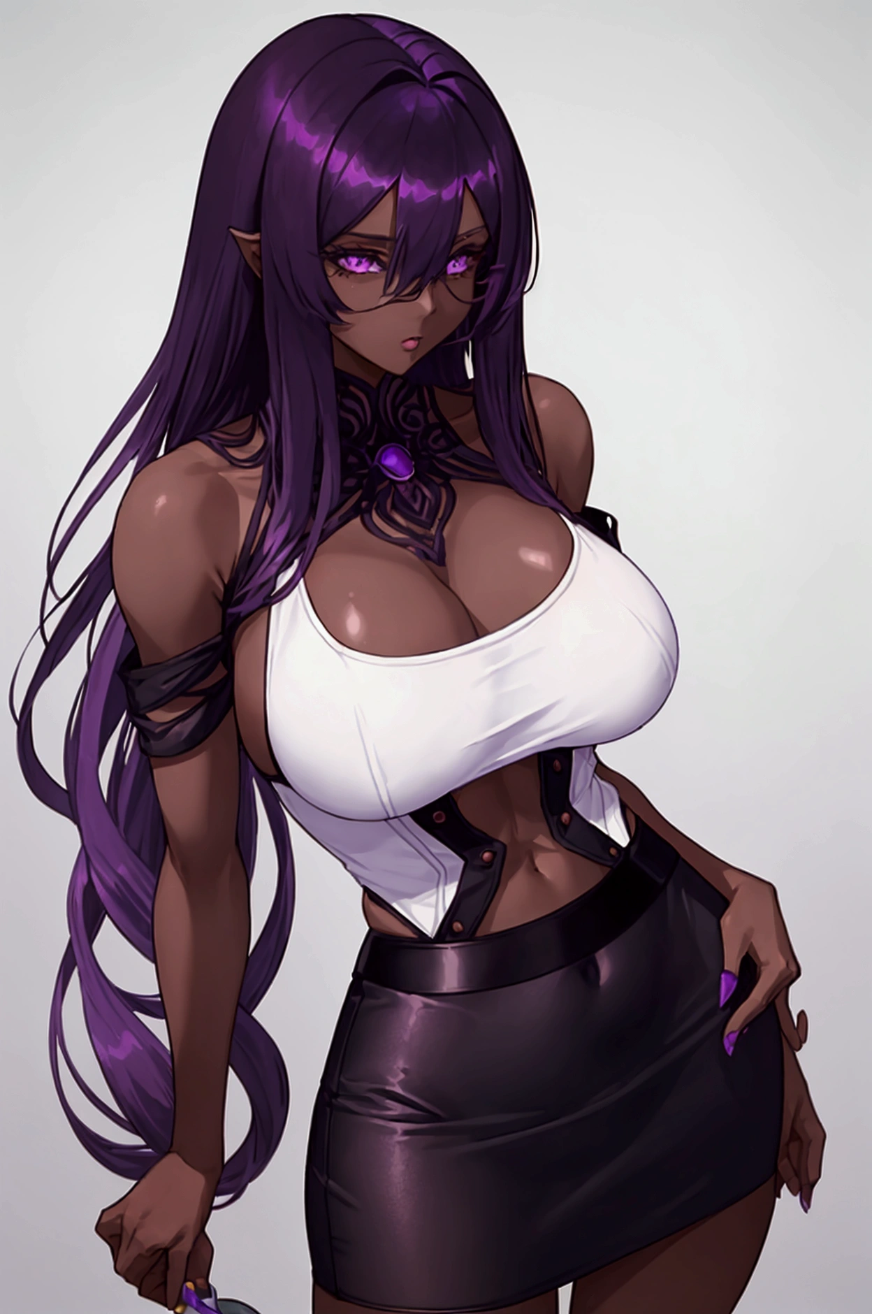 (1 woman alone:1.5),(Women1),(a woman alone),(thin body),(slender body),(structured body),(young mature and large body),(huge bust of breasts),(Long purple hair and long purple eyes),(Dark skin color:1.5),(Big ass),(height 1.68),(sexy body),(mature body),(big and mature and sexual breasts),(wearing),+,(A white sleeveless, collarless blouse showing the shoulders and a short, tight, sexual pencil skirt)