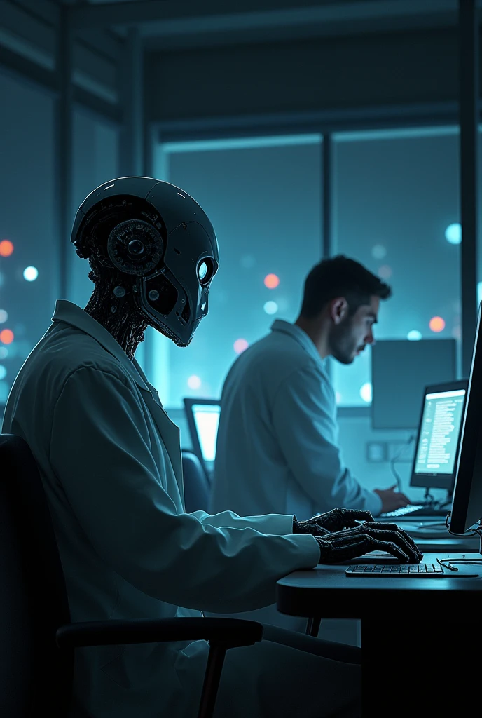 Unit-47 Observing the Scientist: A scene of Unit-47 watching the scientist work late at night, illuminated by the soft glow of computer screens and lab equipment. The robot’s eyes reflect curiosity and a hint of longing for connection.